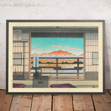 Ein gerahmtes Bild von „Morning at the Arayu Spa Hotel in Shiobara“ von Hasui Kawase, 1935