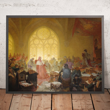 A framed image of The Slav Epic, Cycle XIII: The Hussite King Jiří of Poděbrady by Alphonse Mucha, 1912