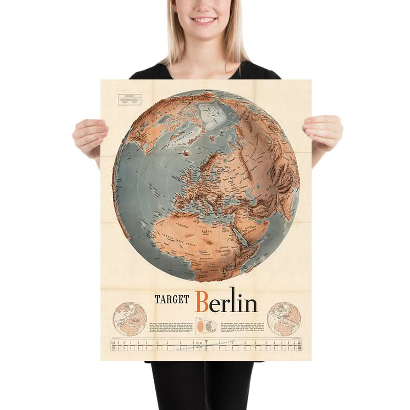 Antigua Mapa Mundial de la WW2 por Manning, 1943: "Objetivo Berlín" Gráfico de Distancia de Bombarderos 