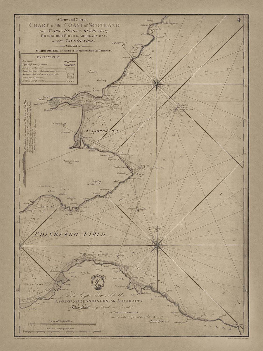 Antica mappa nautica di Edimburgo e della costa di Dundee di Downie, 1792: Firth di Edimburgo, fiume Tay, baia di St Andrew 