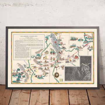 Carte picturale de la route aérienne Los Angeles-Kansas City, 1929 : Grand Canyon, montagnes Rocheuses, Western Air Express 