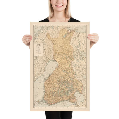 Mapa antiguo de Finlandia (Suomi), 1930: Helsinki, Tampere, golfo de Botnia, ferrocarriles, fronteras