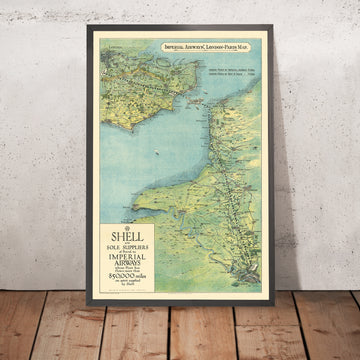 Mappa della vecchia rotta di Londra a Parigi in aereo, 1928: Imperial Airways, Croydon, biplano Handley Page 