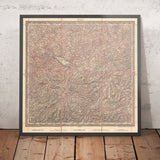 Old Topographic Map of Lake Constance Bodensee Region by Woerl, 1850: Zurich, Lucerne, Konstanz, Rhine, Black Forest