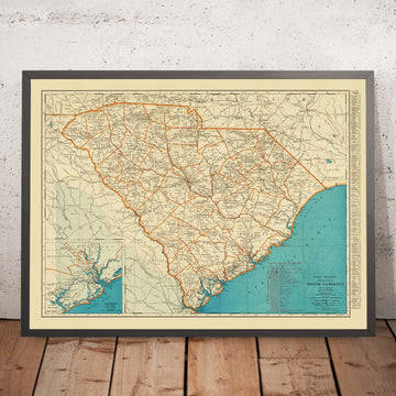 Vecchia mappa della South Carolina, 1930: inserto di Charleston, Columbia, Greenville, ferrovie e autostrade, fiume Savannah 