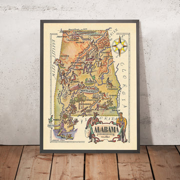 Antiguo mapa pictórico de Alabama de Liozu, 1946: Huntsville, Birmingham, Montgomery, Mobile, río Tennessee 