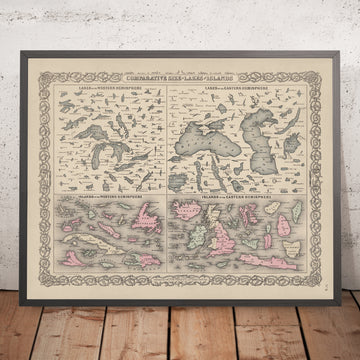 Die vergleichende Größe von Seen und Inseln der Welt, 1886: Nord- und Südhalbkugel, Große Seen, Schwarzes Meer usw. 