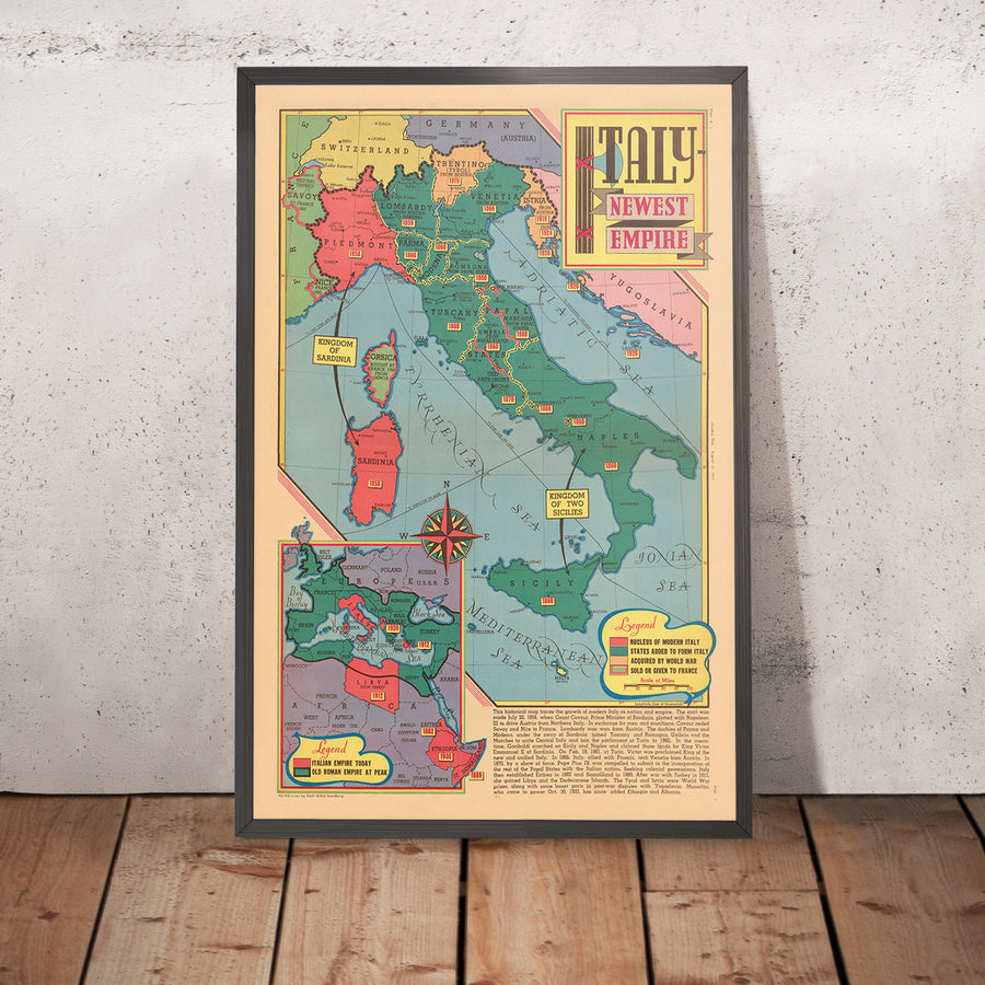 Old Map of "Italy - the Newest Empire" by Sundberg, 1939: WW2, Mussolin, Vs. Roman Empire