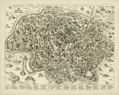 Mapa antiguo de Roma ilustrado por Anonymous, 1600: Coliseo, Circo Máximo, Panteón, Foro Romano, Vía Apia