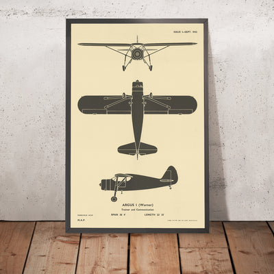 A framed image of Second World War-Aircraft Identification Argus I Warner Fairchild Model 24W by Fosh & Cross, 1942