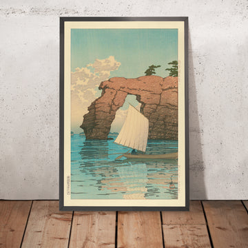 Gerahmte Abbildung von Segelboot und Zaimoku-Insel in Matsushima von Hasui Kawase, 1935