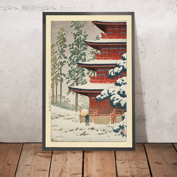 Ein gerahmtes Bild von Saishoin Temple im Schnee von Hasui Kawase, 1936