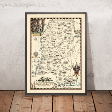 Old Pictorial Map of Mississippi Magnolia State by Smith, 1938: Natchez Trace, Vicksburg Siege, De Soto, Jackson, Biloxi