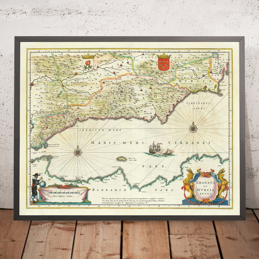 Antica mappa del sud della Spagna di Blaeu, 1640: Granada, Murcia, Malaga, Battaglia navale 
