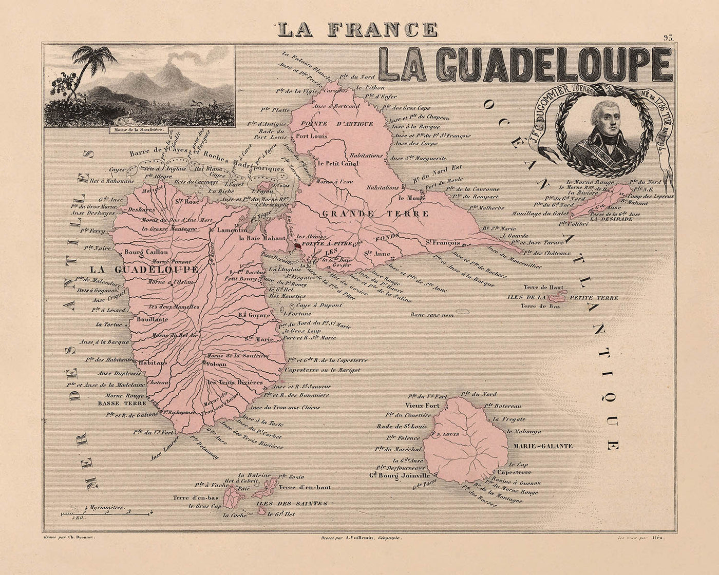 Old Map of Guadeloupe by Vuillemin, 1869: Pointe-à-Pitre, Basse-Terre, Grande-Terre, Marie-Galante, Sugarcane