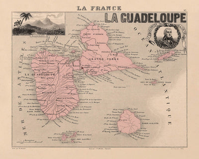 Old Map of Guadeloupe by Vuillemin, 1869: Pointe-à-Pitre, Basse-Terre, Grande-Terre, Marie-Galante, Sugarcane