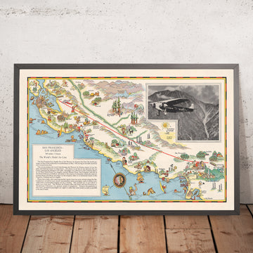 Alte bildliche Karte der Luftstraße San Francisco–Los Angeles, 1929: Yosemite, Lake Tahoe, Monterey Bay, Grapevine Pass, Central Valley 
