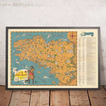 Ancienne carte de la Bretagne par Flornoy Jean, 1950 : Nantes, Rennes, Brest, châteaux, littoral, mégalithes 