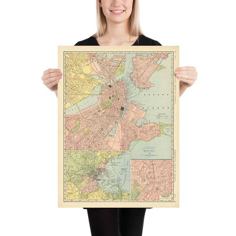 Mappa antica di Boston, 1912: Porto di Boston, South Boston, Roxbury, Boston Common, Giardino Pubblico 