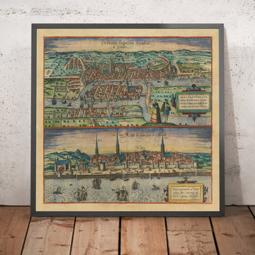 Alte Karte von Kaliningrad und Riga von Braun & Hogenberg, 1599: Kirchen, Türme, Schiffe, Häfen, Kleidung 