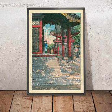 Ein gerahmtes Bild des Meguro-Fudo-Tempels von Hasui Kawase, 1935