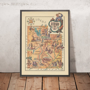Alte bildliche Karte von Utah von Liozu, 1946: Great Salt Lake, Salt Lake City, Zion-Nationalpark, Bryce Canyon, Provo 