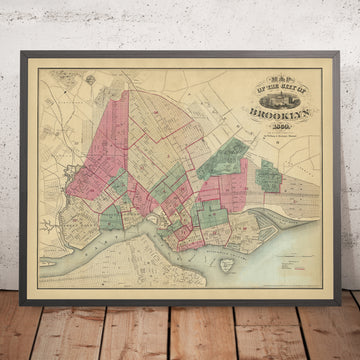 Antica mappa stradale di Brooklyn, New York, 1869: Navy Yard, Prospect Pk, Green-Wood Cem., Eastern Pkwy, Fulton Ferry 