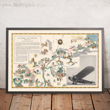 Carte picturale de la route aérienne Los Angeles–Salt Lake City, 1929 : Western Air Express, Fokker tri-moteur, Las Vegas, Grand Lac Salé, Parc national de Zion 