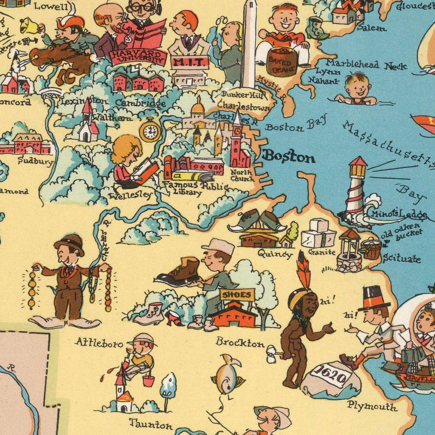 Pictorial Map of Massachusetts by Ruth Taylor White, 1935: Boston, Cape Cod, Harvard, Pilgrims, Maritime Heritage