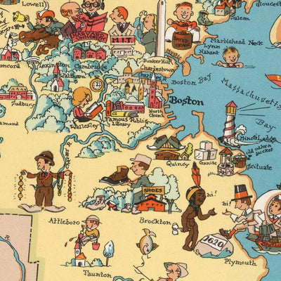 Pictorial Map of Massachusetts by Ruth Taylor White, 1935: Boston, Cape Cod, Harvard, Pilgrims, Maritime Heritage