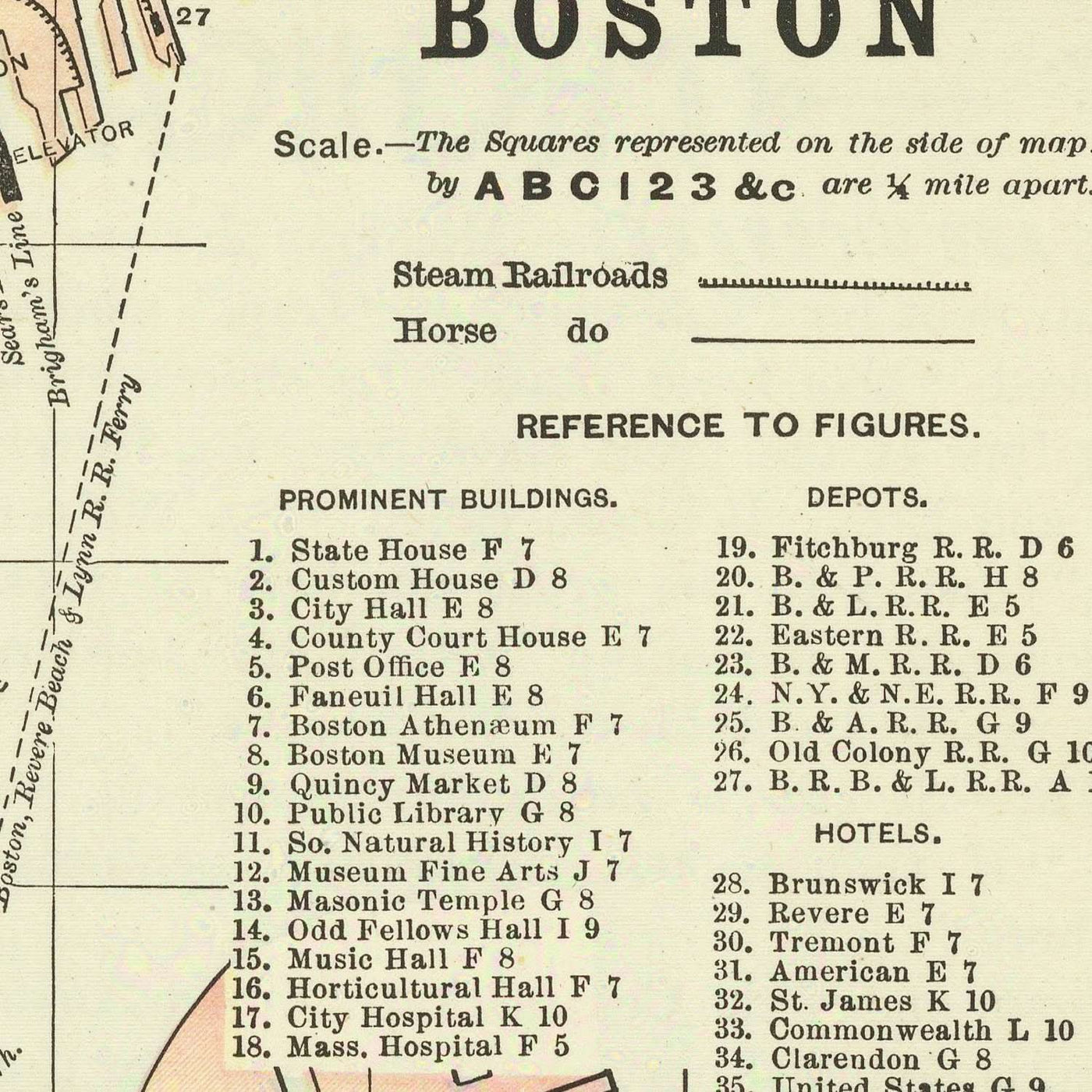 Ancienne carte de Boston par Fisk & Co., 1893 : les terrains publics, le jardin public, les Fens, la rivière Charles, le parc Franklin