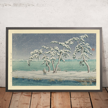 Ein gerahmtes Bild von „Schnee am Hinuma-Sumpf in Mito“ von Hasui Kawase, 1935