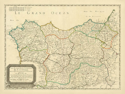 Old Map of North Spain by Sanson, 1652: Galicia, Asturias, San Sebastian, Bay of Biscay, Basque