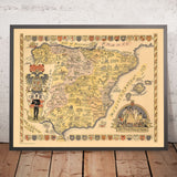 Carte ancienne de l'Espagne, 1935 : Madrid, Barcelone, Séville, Golfe de Gascogne, navires historiques