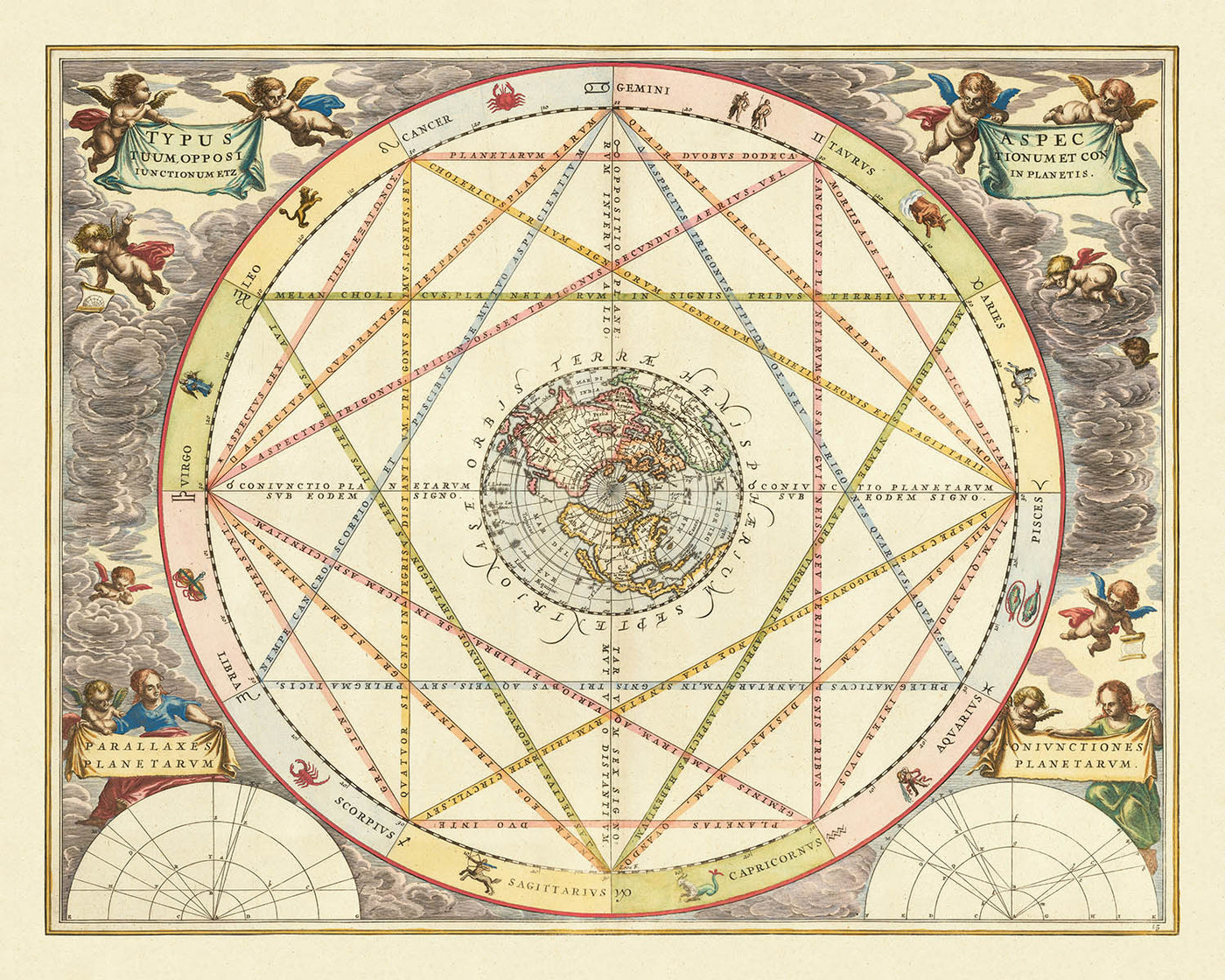 Polar Projection World Map and Celestial Zodiac Chart by Cellarius, 1660