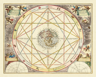 Polar Projection World Map and Celestial Zodiac Chart by Cellarius, 1660