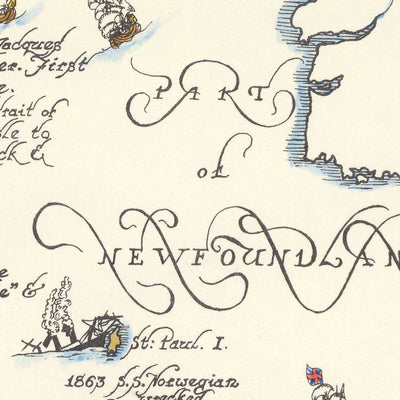 Old Map of New Brunswick, Nova Scotia & Prince Edward Island by Furse, 1963: Naval Battles, Exploration Routes