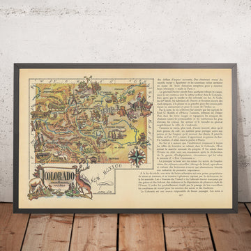 Alte bildliche Karte von Colorado von Liozu, 1946: Denver, Colorado Springs, Pueblo, Boulder, Rocky Mountains 