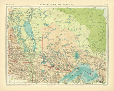 Old Map of Manitoba & Northwest Ontario by Bartholomew, 1922: Winnipeg, Thunder Bay, Lake Winnipeg, Hudson Bay