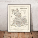 Ancienne carte du Brecknockshire, Pays de Galles par Lewis, 1844 : Brecon, Hay-on-Wye, Brecon Beacons, rivière Usk, lac de Llangorse 