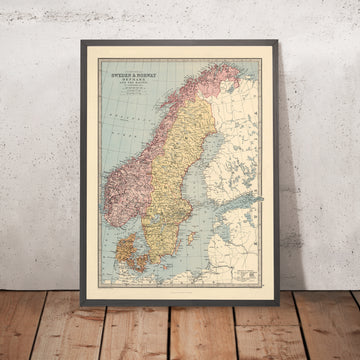 Mappa antica della Scandinavia di Bartholomew, 1871: Stoccolma, Copenaghen, Oslo, Mare Baltico, Scandia 