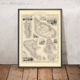 Ancienne carte de l'Empire britannique dans la Méditerranée, 1851 : Gibraltar, Malte, Corfou, Zante, etc. 