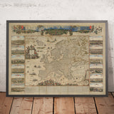 Carte ancienne massive de l'Europe par Visscher, 1677 : Alliance triple, vues des capitales 