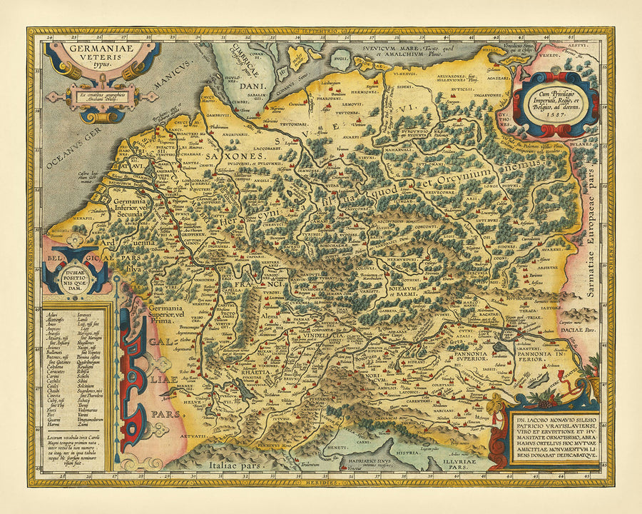 Mappa antica della Germania e della Polonia di Ortelius, 1624: Reno, Danubio, Mare del Nord, Foreste 