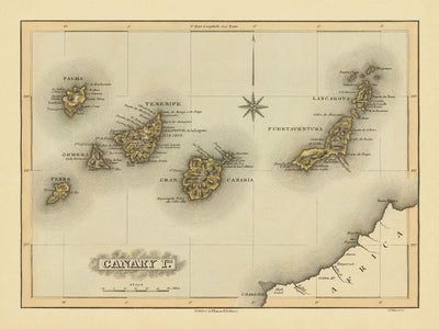 Alte seltene Karte der Kanarischen Inseln von Lucas, 1823: Teneriffa, Gran Canaria, Kompassrose, Berge, Atlantik