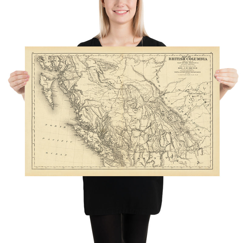 Old Railway Map of British Columbia by Trutch, 1878: Vancouver, Victoria, CPR Routes, Fraser River, Rockies