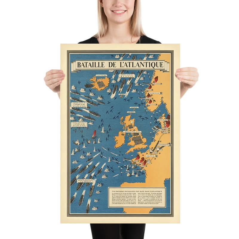 Antigua Mapa Pictórico de la Batalla del Atlántico por Blake, 1944: Reino Unido, U-Botes, Convoyes 