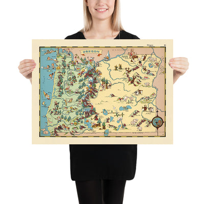 Pictorial Map of Oregon by Ruth Taylor White, 1935: Portland, Cascades, Timber, Columbia River, Coast