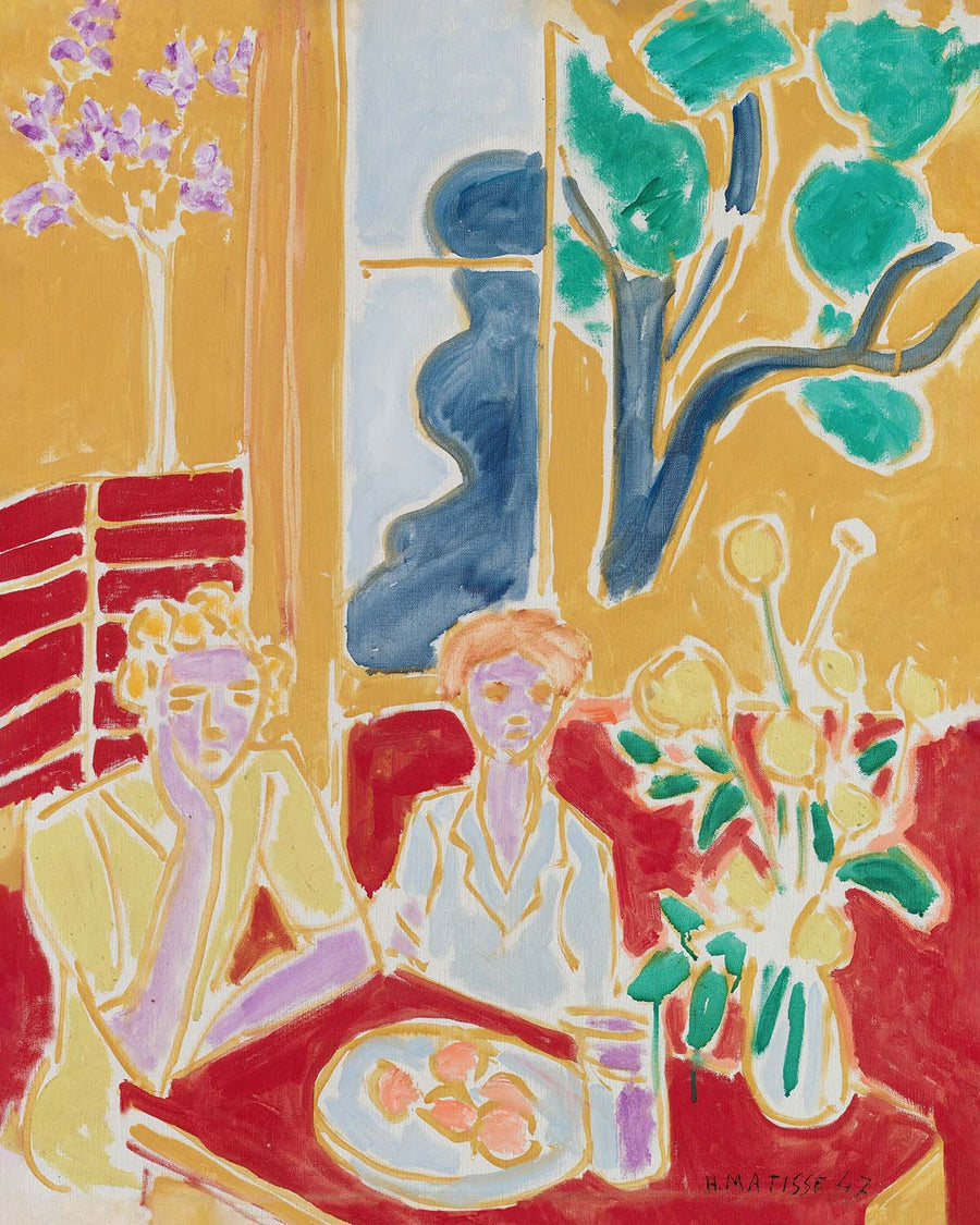 Zwei kleine Mädchen, gelber und roter Hintergrund (Two little girls, yellow and red background) von Henri Matisse, 1947 
