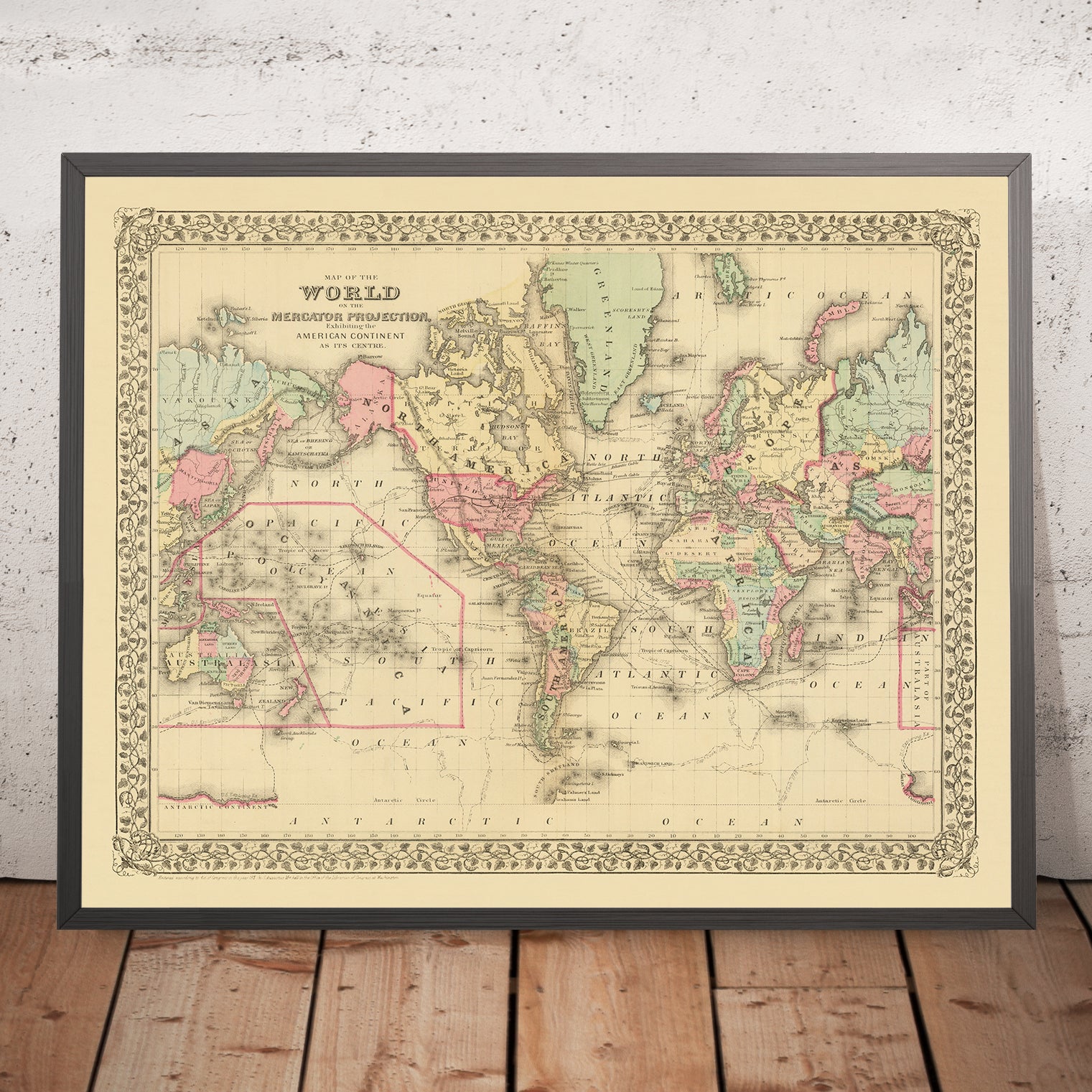 Old Mercator World Map Centered on America by Mitchell, 1882 – The ...